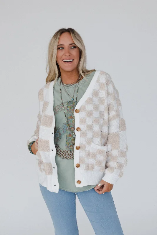 Special Buy Checkmate Cardigan - Taupe Multi