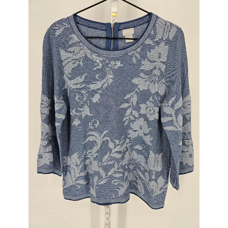 Take Advantage Chicos Womens Sz 1 (L) Long Sleeve Knit Top Light Blue Floral Zip Back