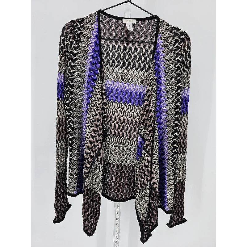 Buy More, Save More Chicos Womens Sz 1 (L) Open Front Knit Cardigan Sweater Black Purple Chevron