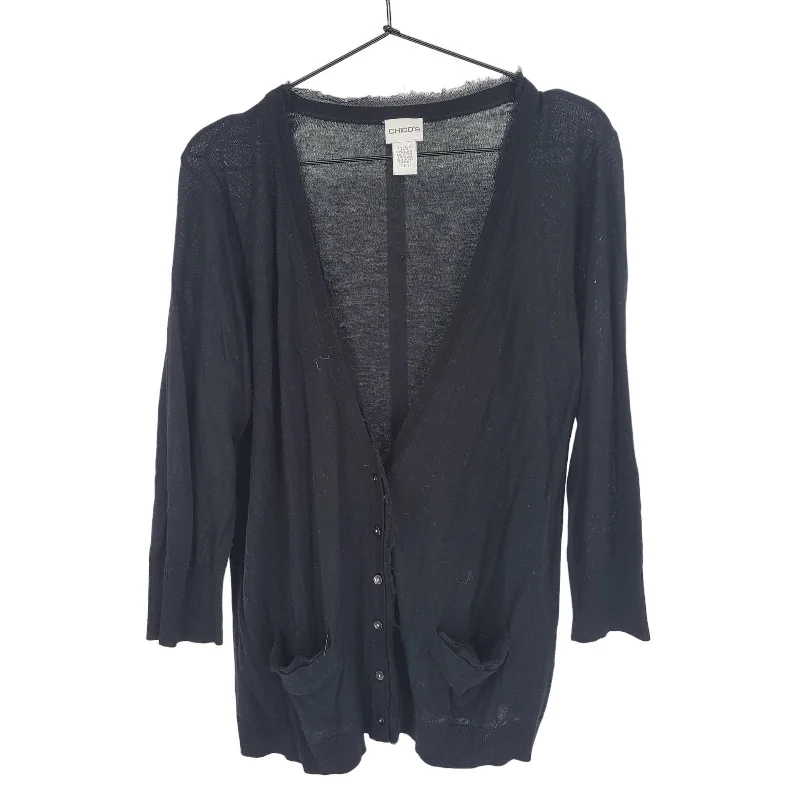 Super Deal Chicos Womens Sz 2 (XL) Cardigan Sweater Black Bamboo Blend Deep V Neck