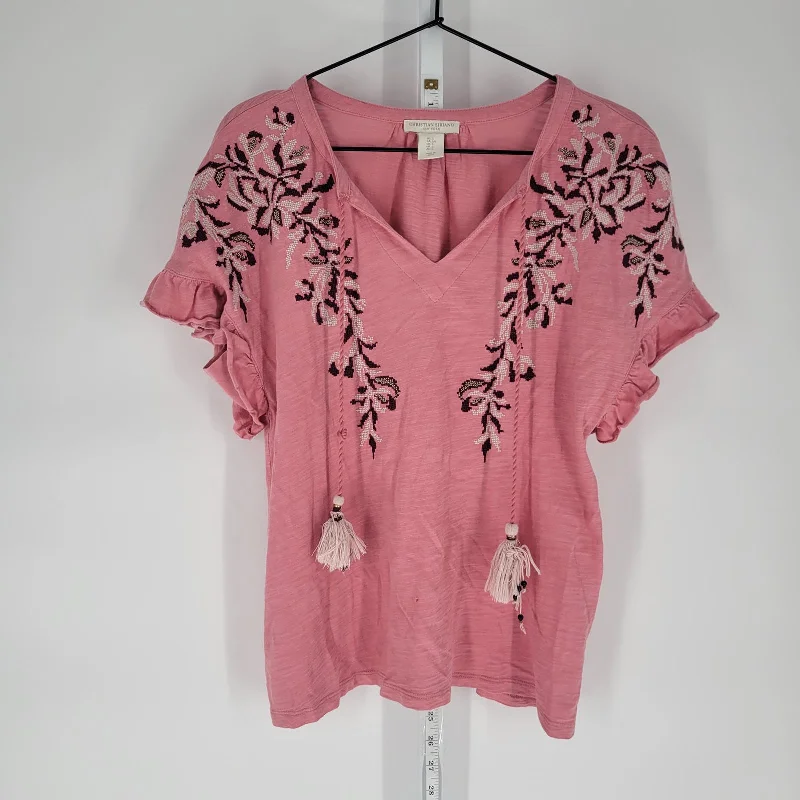 Closeout Christian Siriano Womens Sz S Light Pink Floral Embroidered Blouse Tassel Boho