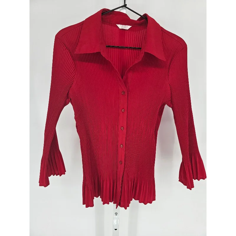 Friends and Family Sale Christopher & Banks Womens Sz M Long Sleeve Button Up Top Solid Red Micro Pleat