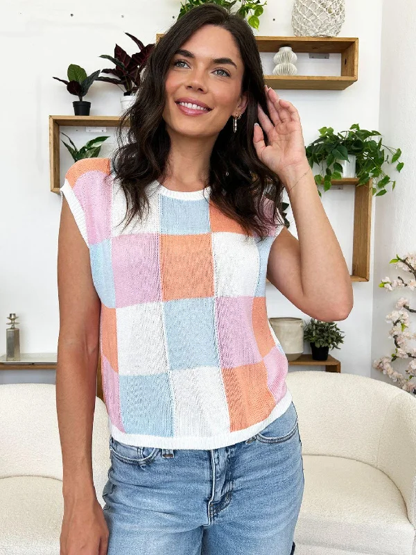 Price Cut Color Block Round Neck Cap Sleeve Knit Top