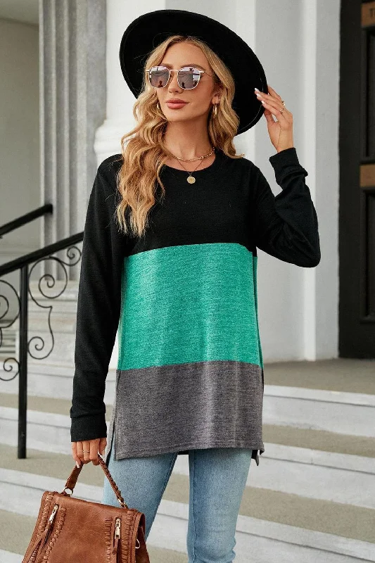 Epic Deals Color Block Round Neck Long Sleeve Slit T-Shirt