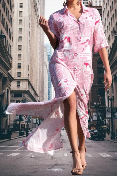 Price Rollback Printed Button Down Shirt Dress with Pocket
