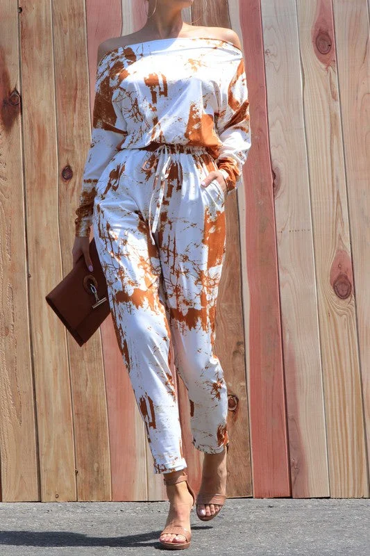 Price Smash The Tie Dye Printed Knit Off Shoulder Jumpsuit