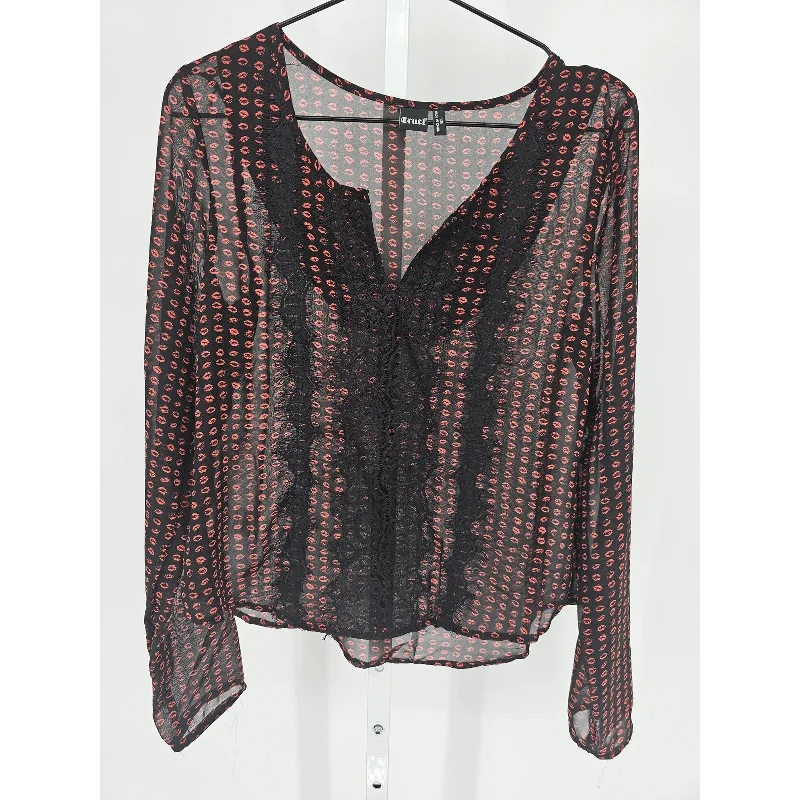 Sale Event Cruel Womens Sz XS Long Sleeve Semi sheer Blouse Black Red Lip Print