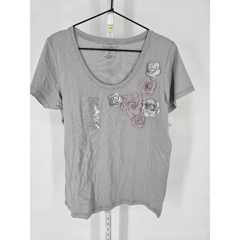 Epic Deals Crystal Kobe Womens Sz M 100% Cotton Short Sleeve Cotton Blouse Silver Gray NEW