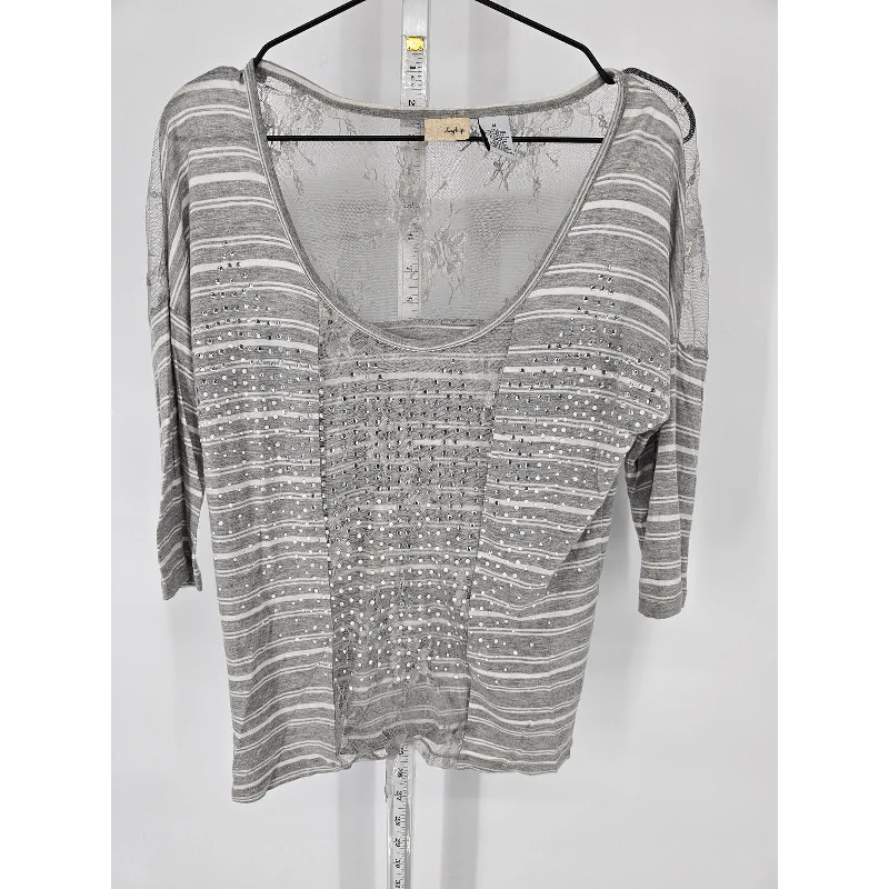 Unmissable Offer Daytrip Womens Sz M Half Sleeve Semi Sheer Blouse Silver White Rhinestones Lace