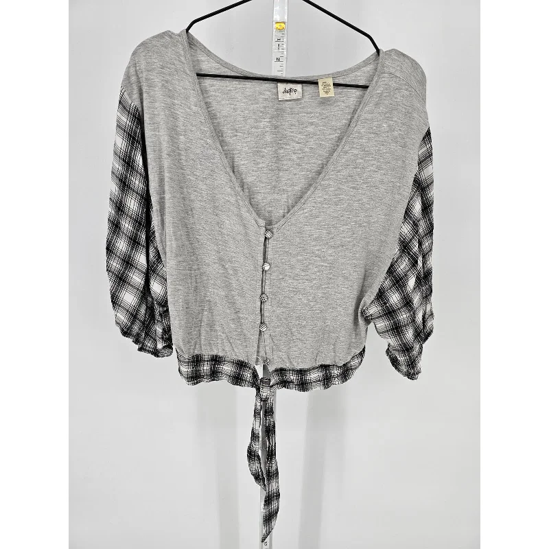 Savings Alert Daytrip Womens Sz S Balloon Sleeve Cropped Button Front Top Gray Plaid