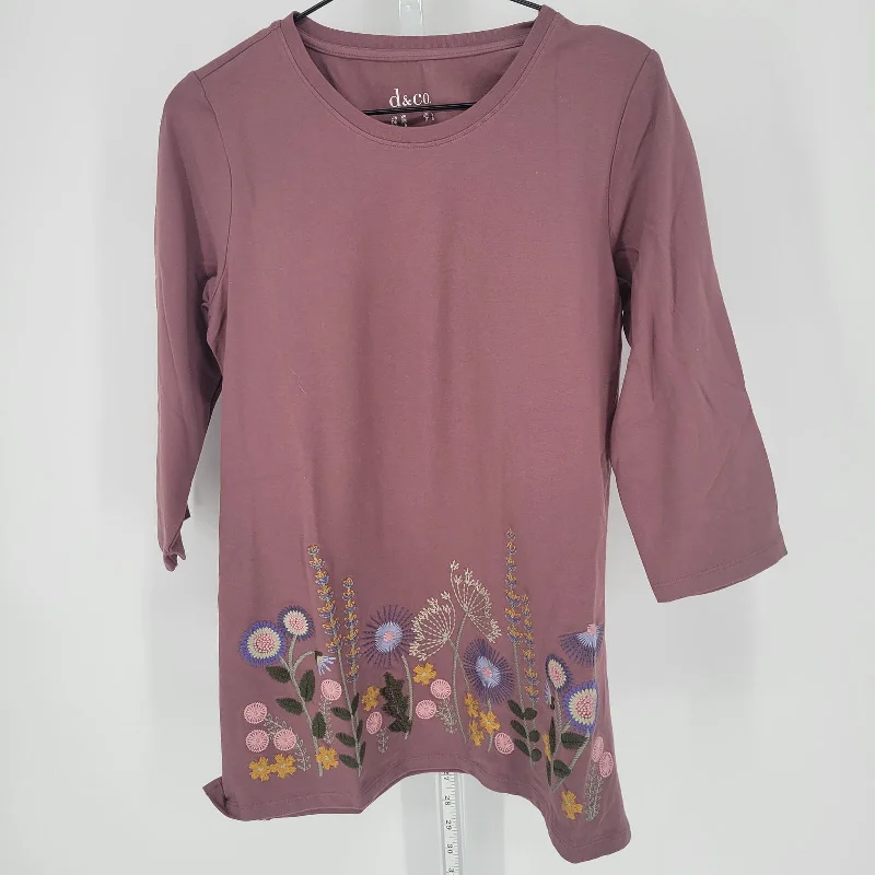 YEAR-End Sale Denim & Co Womens Sz XS 3/4 Sleeve Tunic T Shirt Dusty Rose Embroidered Floral YEAR-End Sale Denim & Co Womens Sz XS 3/4 Sleeve Tunic T Shirt Dusty Rose Embroidered Floral