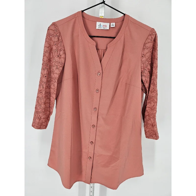 Final Clearance Denim & Company Womens Sz XXS Blush Pink Long Sleeve Tunic Blouse Lace Sleeve