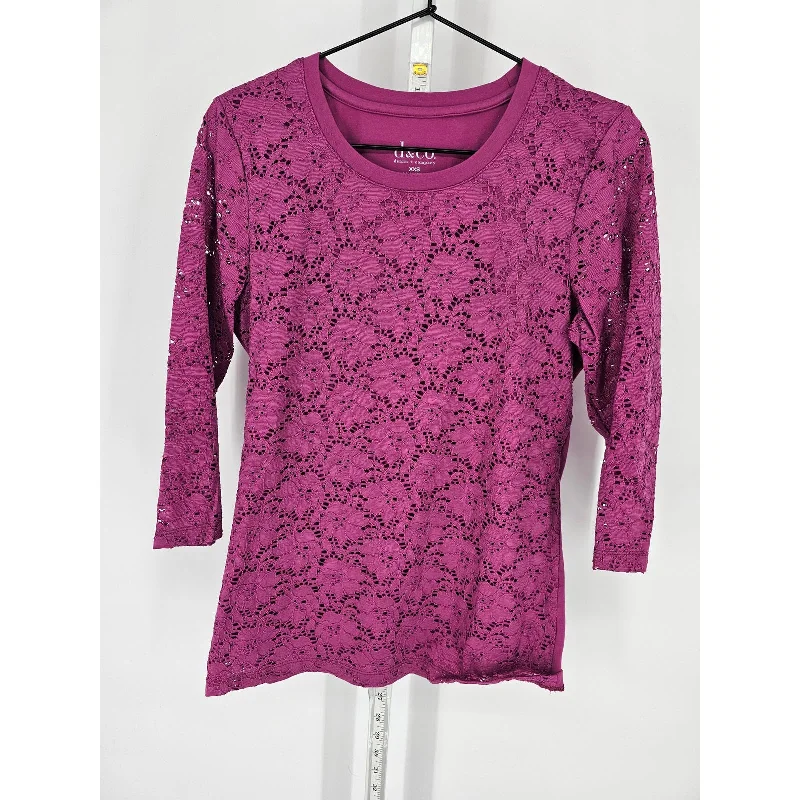 Don't Wait Denim & Company Womens Sz XXS Long Sleeve Blouse Dark Pink All Over Lace