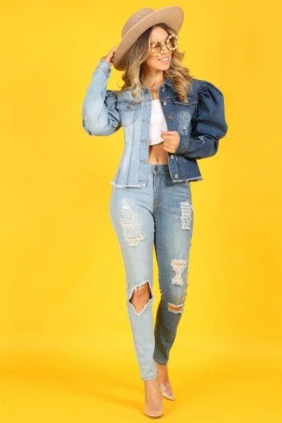 Extra Discounts The Anicoletta’s Denim Jacket with Puff Sleeves and Pockets
