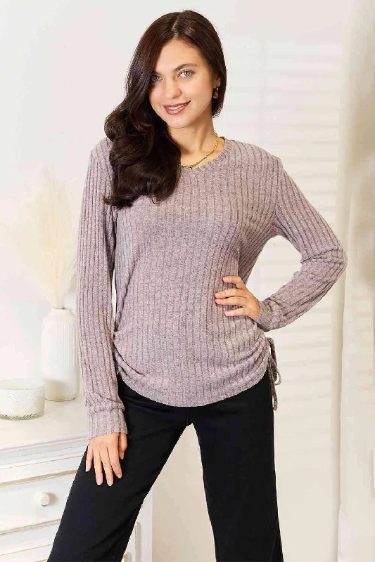 New Arrival Drawstring Ribbed Long Sleeve T-Shirt