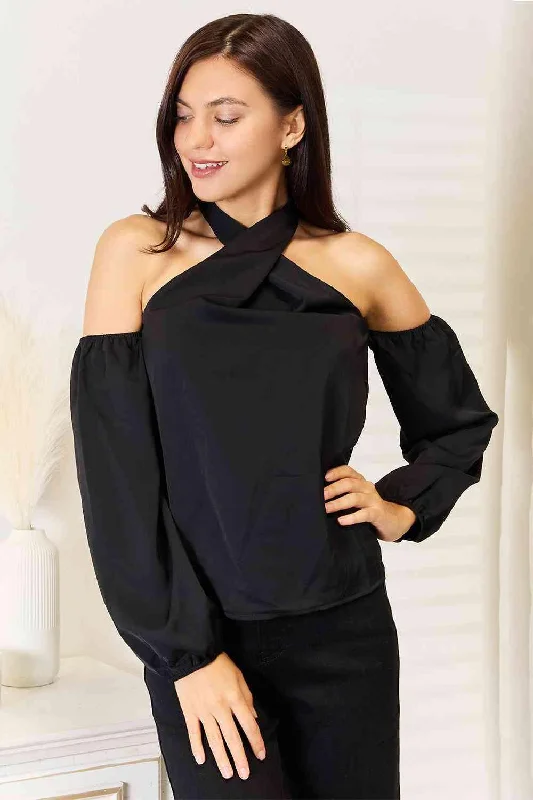 Price Drop Grecian Cold Shoulder Long Sleeve Blouse