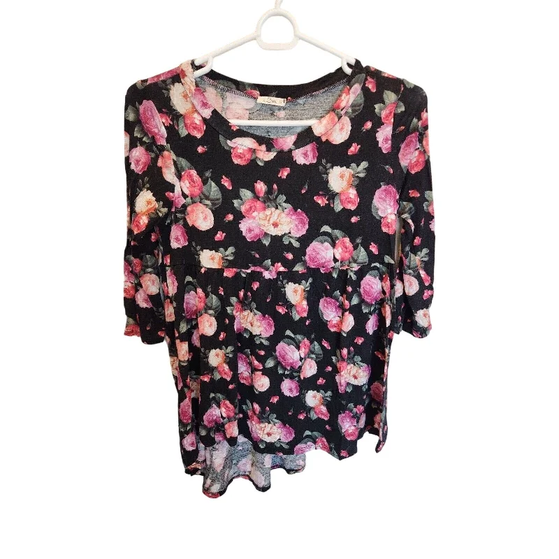 Act Now E Lina Womens Sz S 3/4 Sleeve Peplum Blouse Black Pink Floral