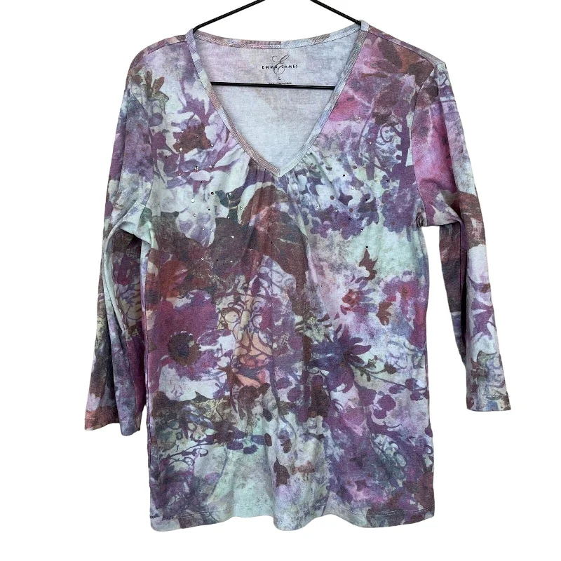 Online Only Emma & James Womens Sz L V Neck Purple Floral Blouse T Shirt