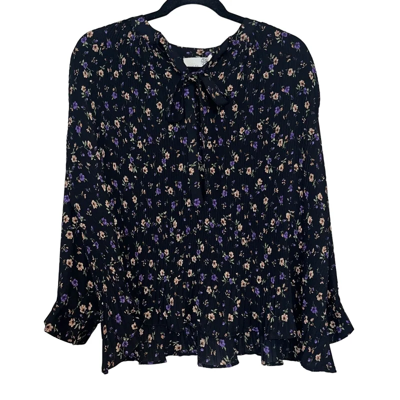 Take Advantage Everleigh Womens Sz S Pleated Black and Purple Long Sleeve Blouse
