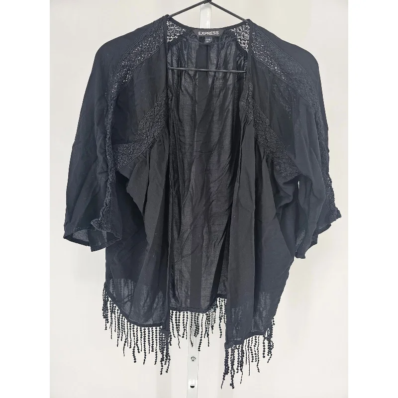Closeout Sale Express Womens Sz XS Short Sleeve Cardigan Shrug Black Fringe Lace