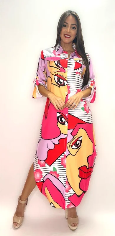 Savings Bonanza Face Print Collared Button Down Shirt Dress