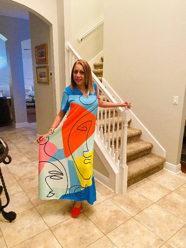 Lowest Price Face Print Short Sleeve Maxi Dress
