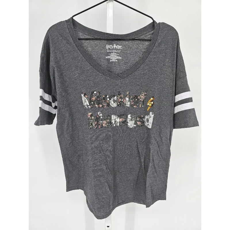 Get It Before It’s Gone Harry Potter Womens Sz S Short Sleeve V Neck T Shirt Mischief Managed Sequin