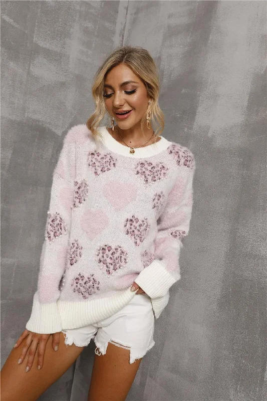 Best Bargains Heart Pattern Round Neck Long Sleeve Sweater