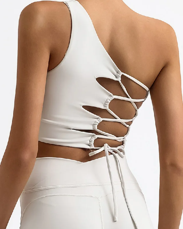 Super Sale Irregular One Shoulder Back Strappy Fashion Sports Yoga Bra Blue Brick Red Beige White Black S-L