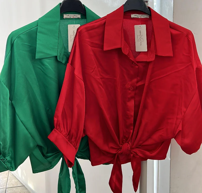 Quick Sale The Italian Satin Front Tie Button Blouse