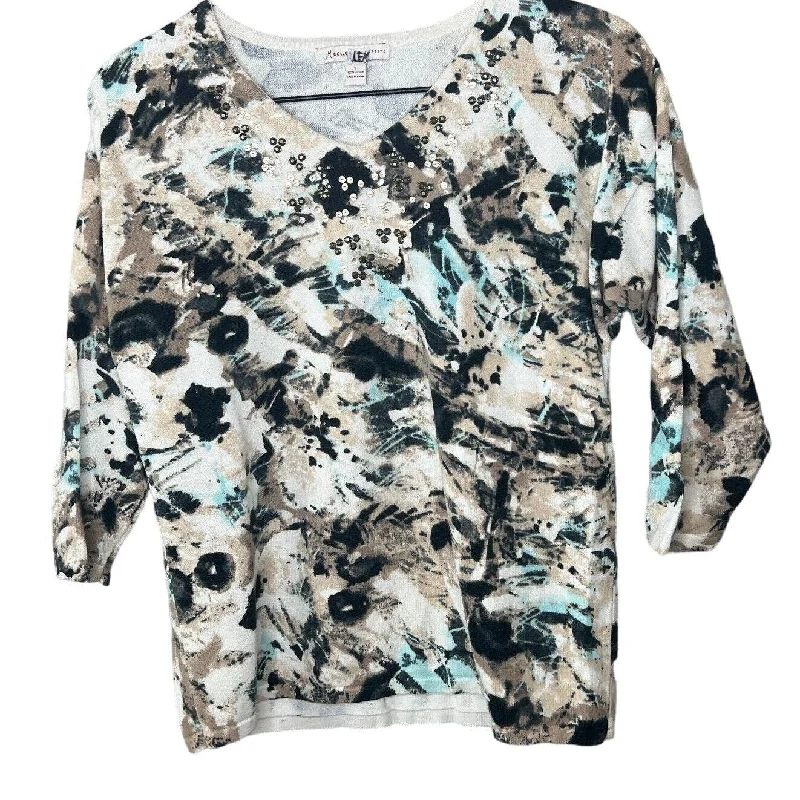 Today Only JM Collection Womens Sz Petite PS 100% Cotton V Neck 3/4 Sleeve Abstract Top