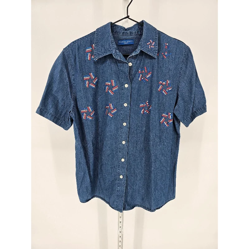 Final Sale Karen Scott Sport Womens Sz M Short Sleeve Blue Denim Shirt Rhinestone Fireworks Final Sale Karen Scott Sport Womens Sz M Short Sleeve Blue Denim Shirt Rhinestone Fireworks