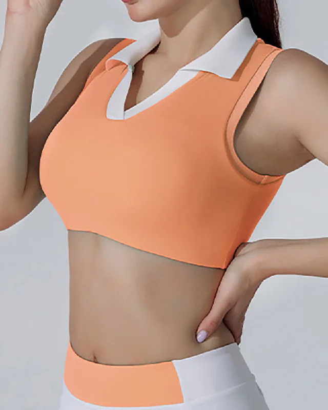 Limited Time Discount Lapel Sleeveless V-neck Golf Sports Tennis Crop Bra Green Blue Orange Pink S-XL