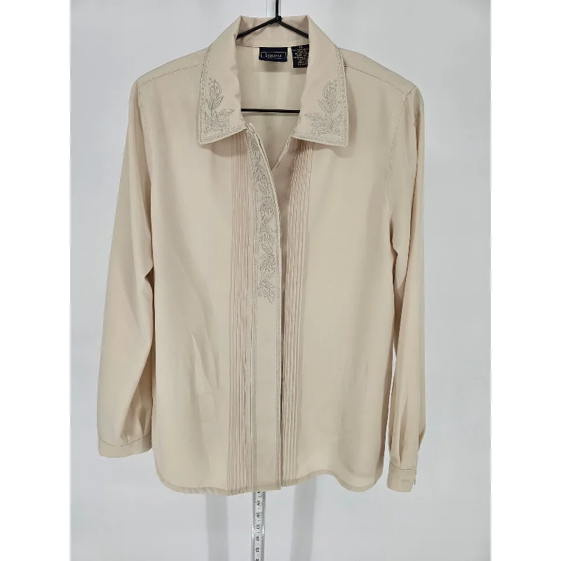 Best Deals Laura Scott Womens 10 Long Sleeve Button Up Dress Shirt Ivory Floral Embroidered
