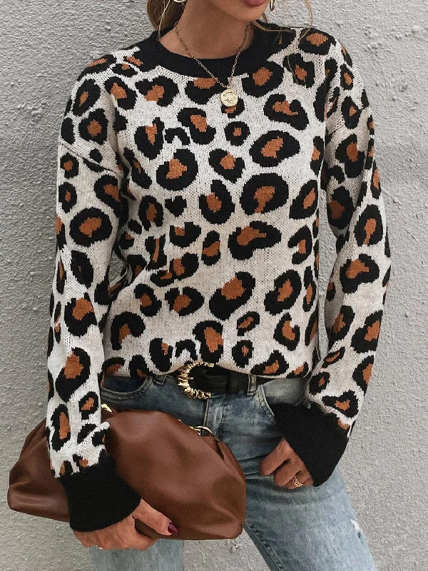 Quick Sale Leopard Round Neck Dropped Shoulder Sweater