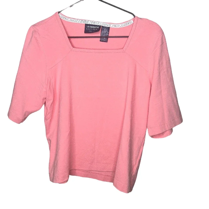 New Arrival Liz Claiborne Womens Petite PL Cotton Blend Square Neck Short Sleeve Pink TShirt