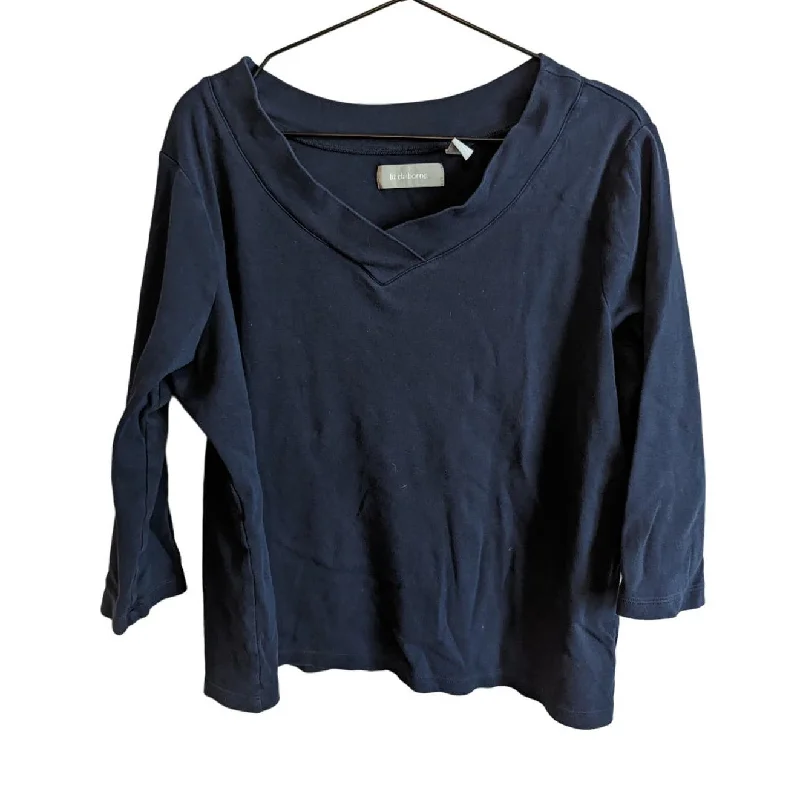 Act Now Liz Claiborne Womens Sz 1X 3/4 Sleeve Navy Blue T Shirt V Neck Cotton