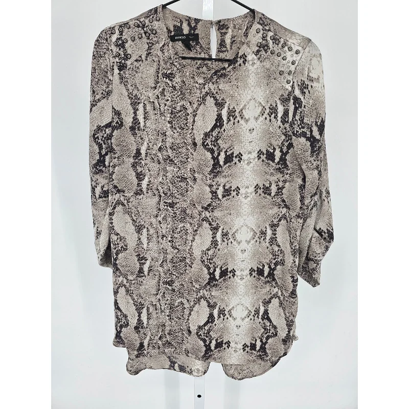 Savings Spectacular Mango Womens Sz 4 Long Sleeve Tunic blouse Snakeskin Print Studded Shoulders