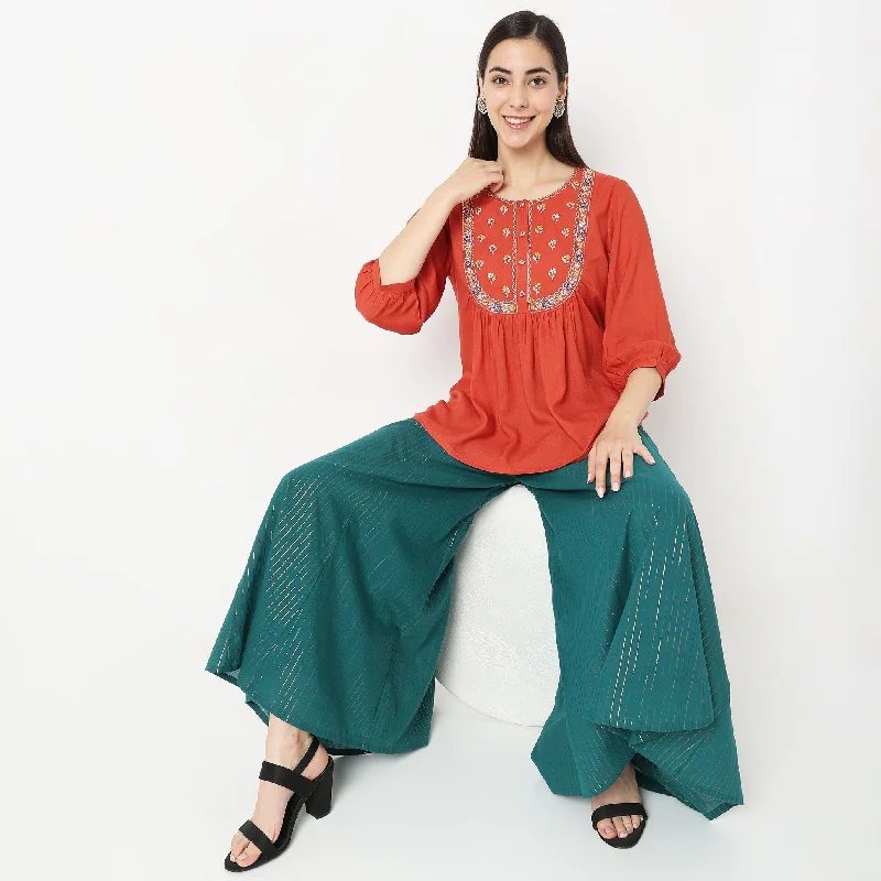 Season Finale Sale Mid Flare Embroidered Top
