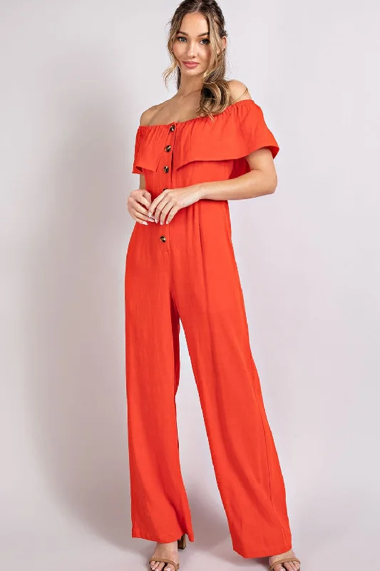 Discount Deals The London Off Shoulder Button Trim Jumpsuit