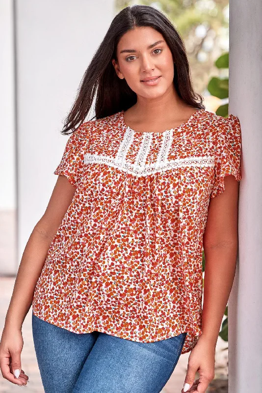 Unbeatable Prices Plus Size Floral Lace Trim Round Neck Blouse