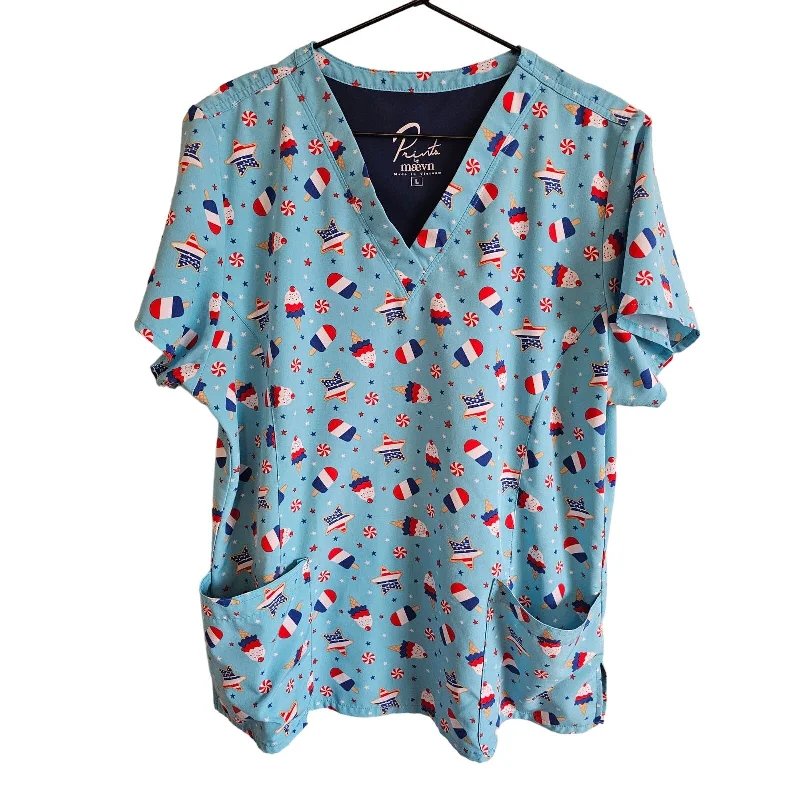 Seasonal Sale Prints by Maevn Womens Sz L Short Sleeve Scrub Top 4th of July Theme Blue