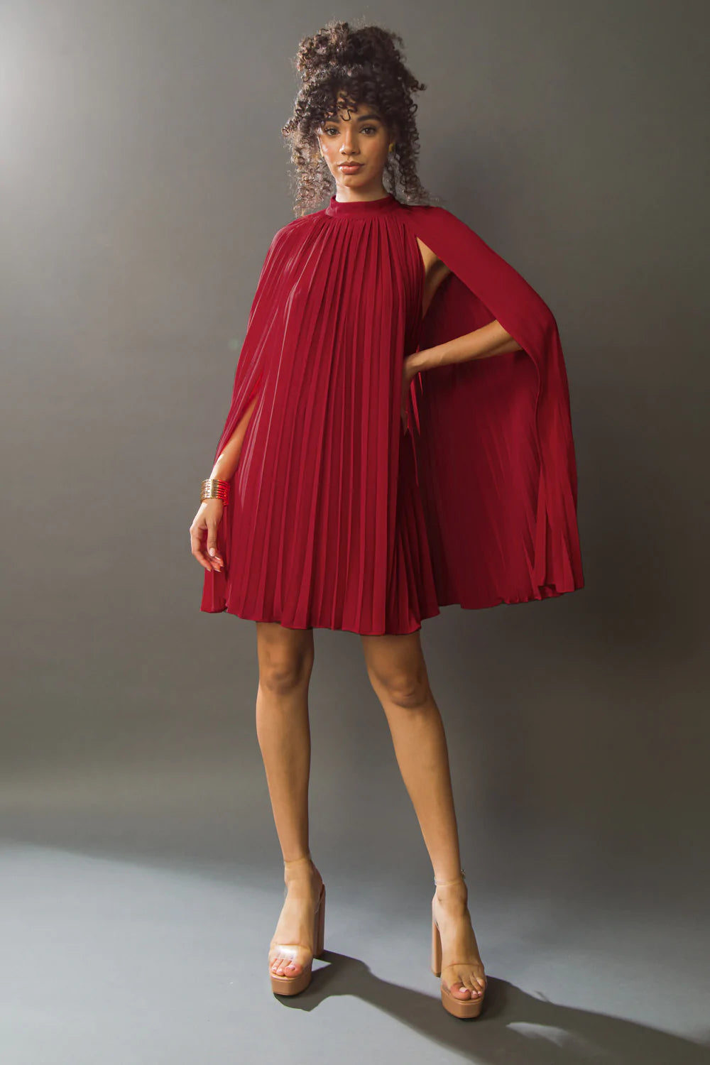 Weekend Special Red Pleated Mock Neck Cape Dress