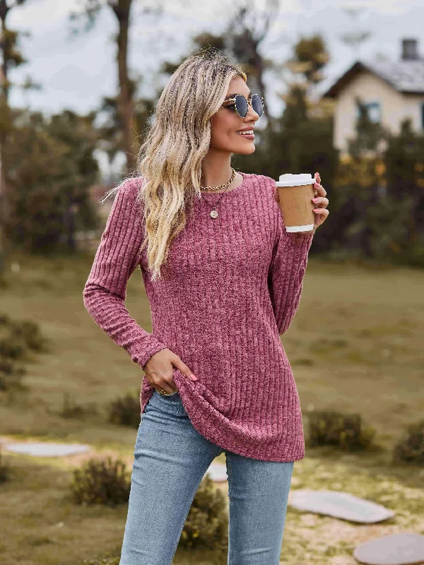 Today’s Deal Ribbed Round Neck Long Sleeve Tee