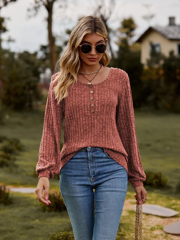 Act Fast Round Neck Button-Down Long Sleeve Tee