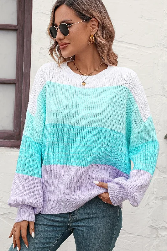 Savings Alert Round Neck Color Block Ribbed Pullover Sweater