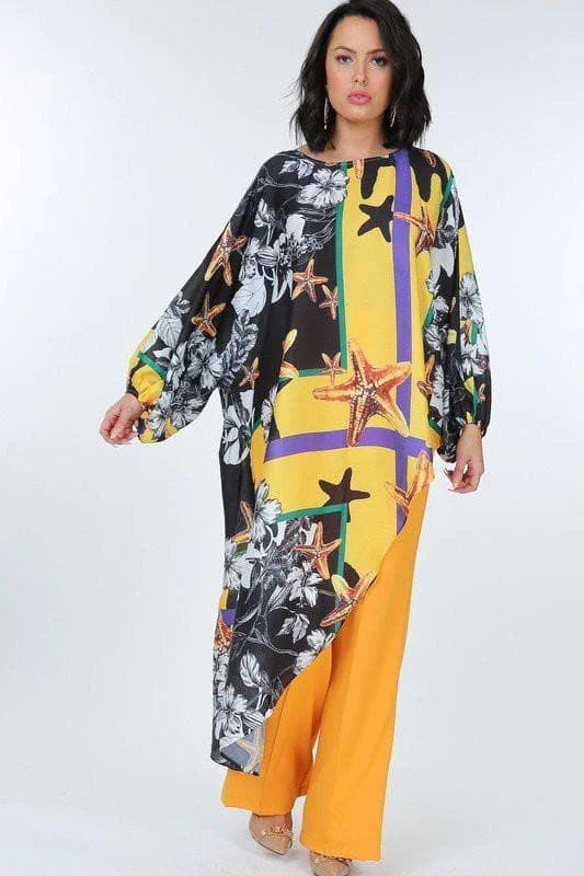 Super Bargain Scarf Print Asymmetrical Hem Long Top
