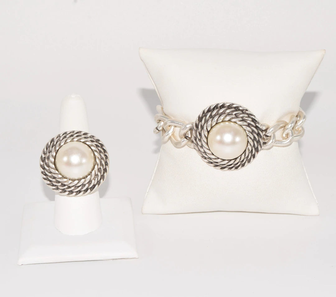 Deal of the Week Silver Pearl Bracelet & Ring Turkish Set
