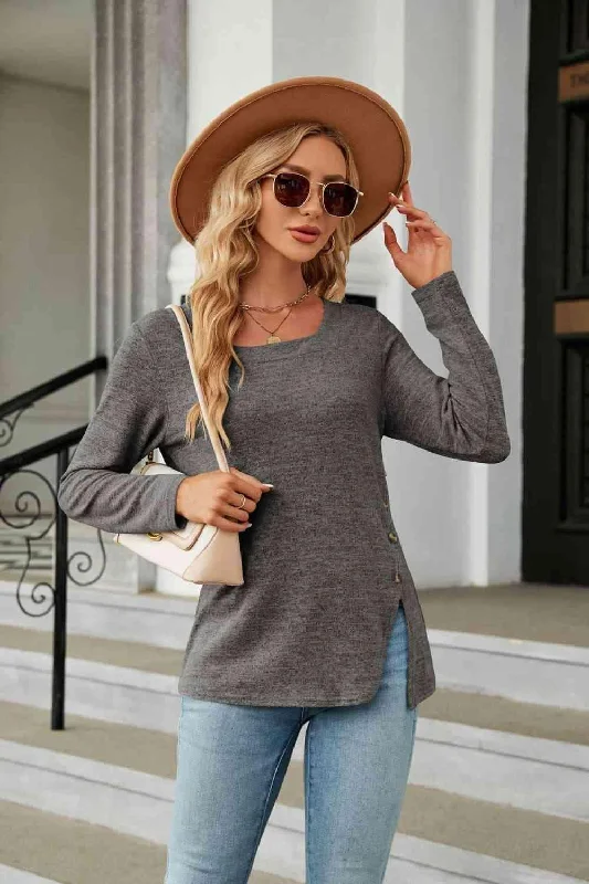 Markdowns Square Neck Long Sleeve Slit T-Shirt