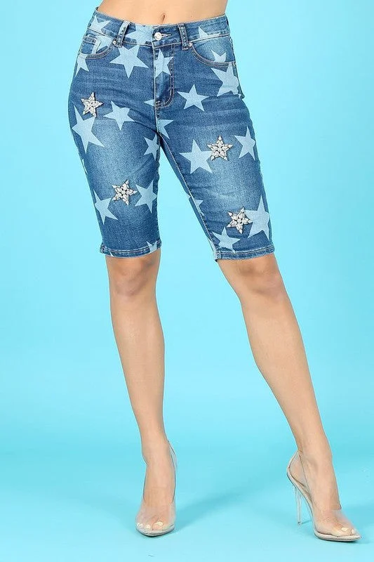 Mega Deal The Star Print Knee-Length Denim Shorts